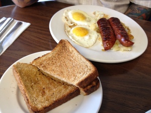 Eggs, Farmer's Sausage & Toast at the Hilltop Diner Cafe