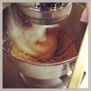 Mixing 1/2 cup each of soft butter, light brown sugar & creamed honey for #PeanutButterLoversDay cookies