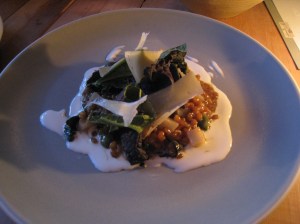 Wheat Berry Risotto, sunroot, mustard greens, castelvetrano olives, Farmhouse 'Fermiere', smoked crema